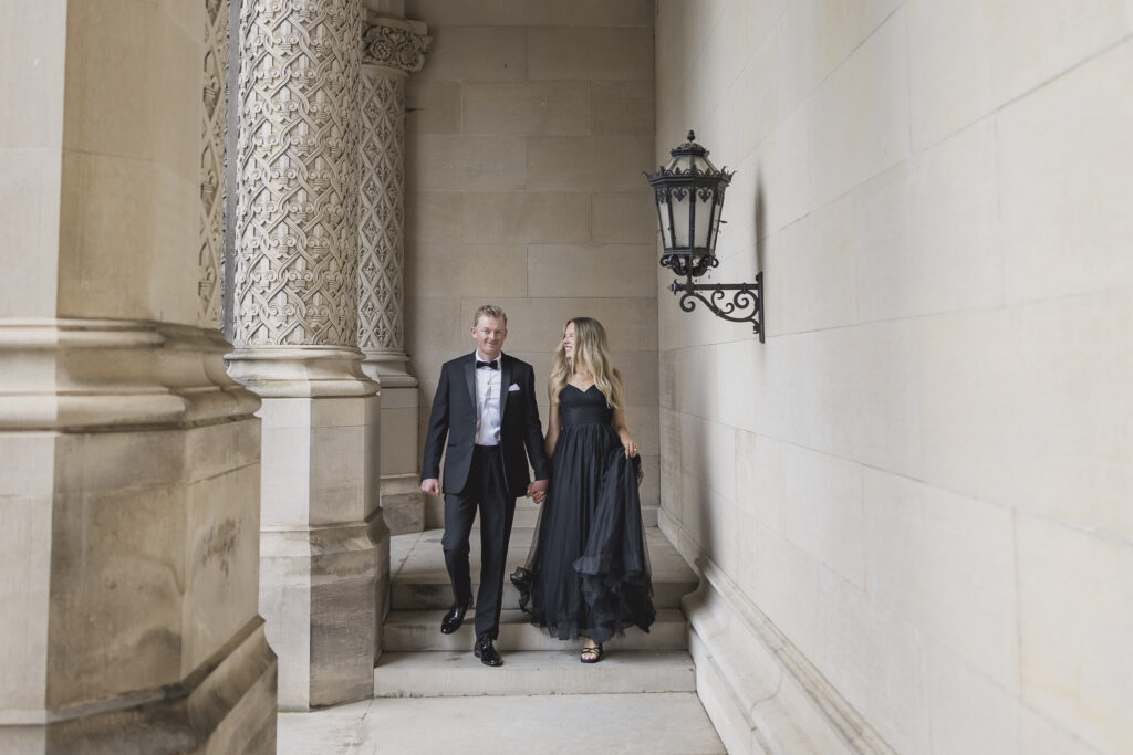 Engagement photos at the Biltmore with black tulle dress and tux with bowtie