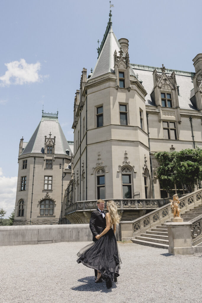 Black tie Engagement photo session at the Biltmore with black tulle dress 