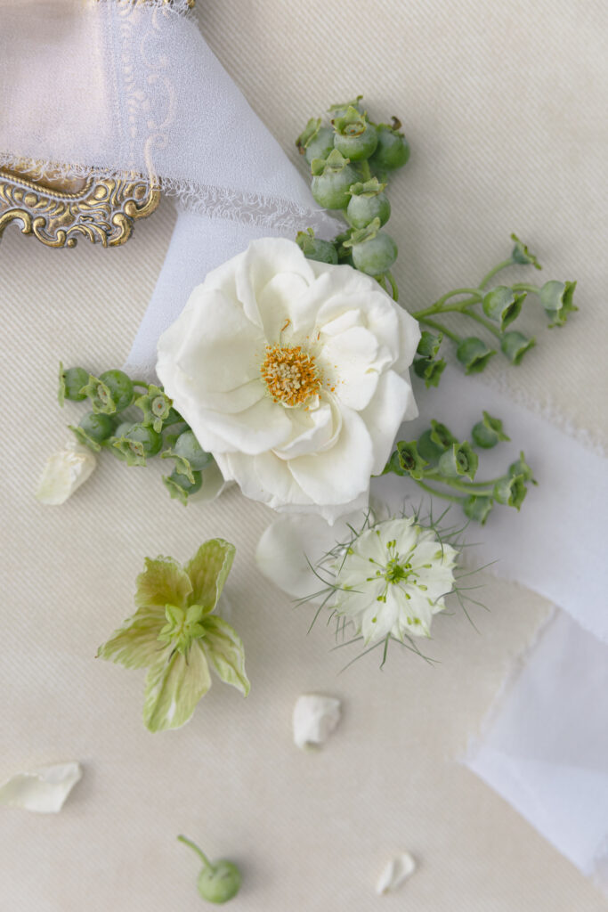 white floral flat lay using blueberries